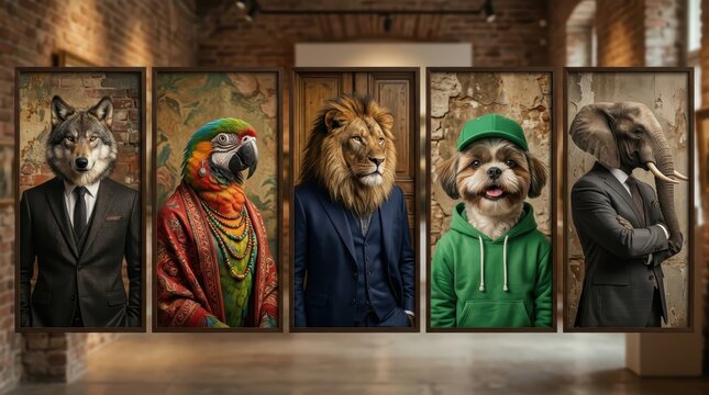 Surreal Anthropomorphic Animal Portraits in an Art Gallery Featuring Wolf Lion Elephant Parrot and Dog in Human Clothing