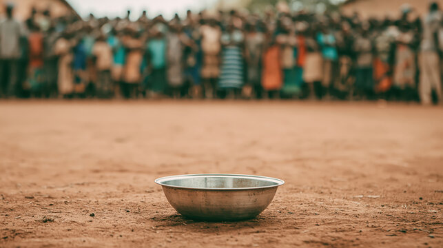 Empty metal bowl foreground with blurred crowd behind, expressing food shortage, inequality, and hope through humanitarian imagery