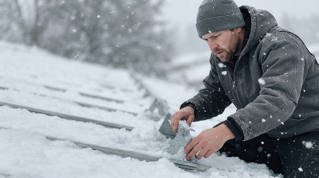Professional Technician Performing Essential Maintenance on Solar Panel Infrastructure Amidst a Challenging Winter Snowfall and Frigid Climate