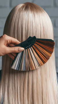 Blonde hair color swatch fan held against long straight hair