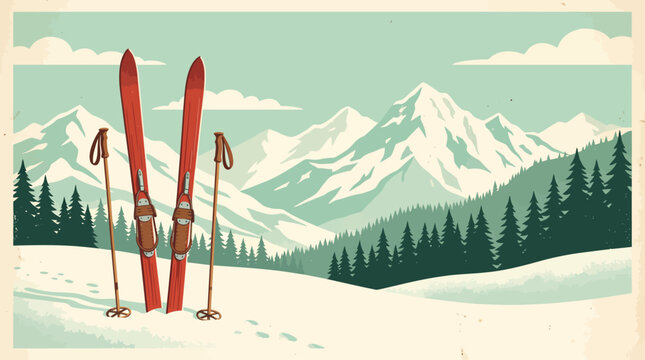 Retro skiing vector banner illustration with vintage red skis, snowy mountains, and pine trees