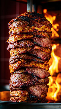 Grilled meat vertical stack with charred crust, juicy layers, and glowing fire in commercial restaurant setting