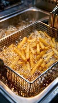 Deep fried potato fry sizzling in golden oil inside metal basket, creating warm appetizing texture for food service photography