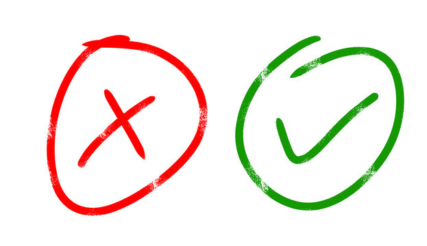 Hand drawn red cross X mark and green tick checked mark