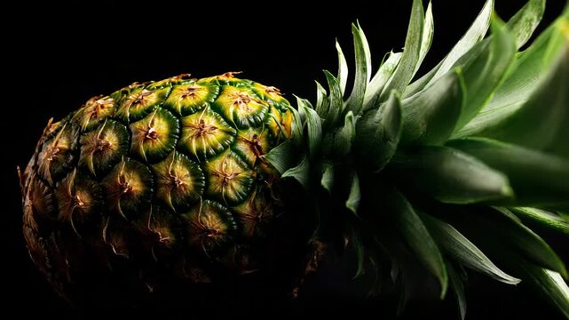 Closeup focused pineapple surface texture isolated on black background strong studio lighting sharp geometric detail and clean framing