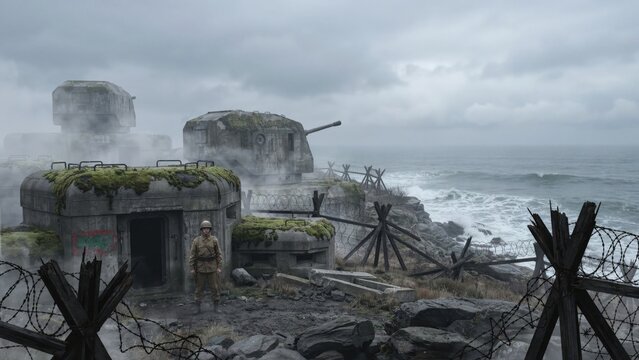 Soldier standing before concrete coastal bunkers and barbed wire defenses
