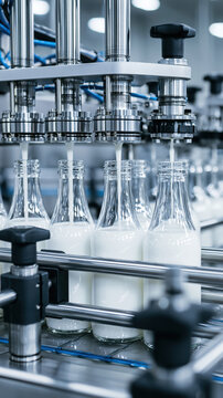 Automated conveyor belt filling glass bottle in industrial factory