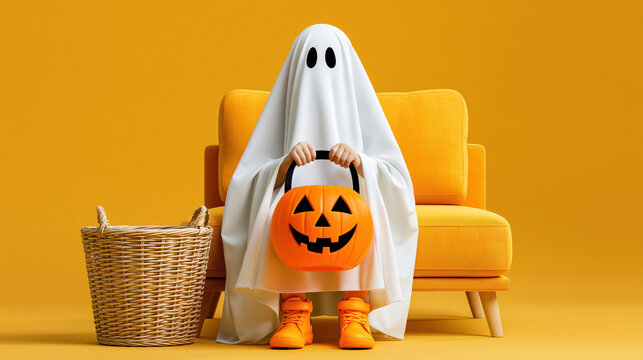 Child ghost costume sitting on yellow chair beside wicker basket with pumpkin bucket, creating playful Halloween mood indoors