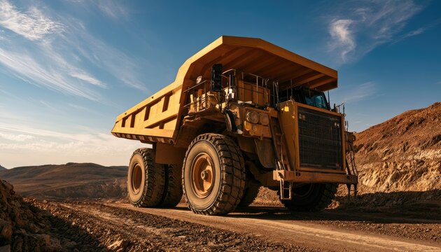 Massive Yellow Mining Dump Truck Driving on a Dirt Road in a Quarry.