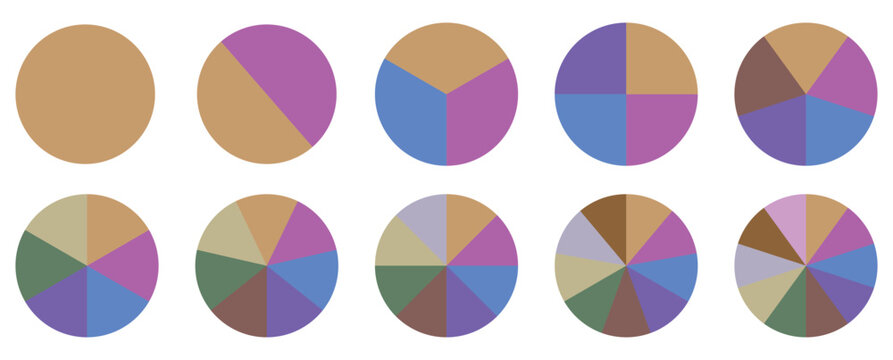 Pie chart set. Colorful diagram collection with 2,3,4,5,6,7,8,9,10 sections or steps. Circle icons for infographic, UI, web design,business presentation.Set of colorful pie chart.Circle section graph.