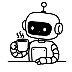 Naklejka premium Cute Robot Holding Coffee Cup AI Technology Doodle.Hand-drawn black and white doodle illustration of a friendly robot holding a steaming cup of coffee. A playful concept representing artificial intell