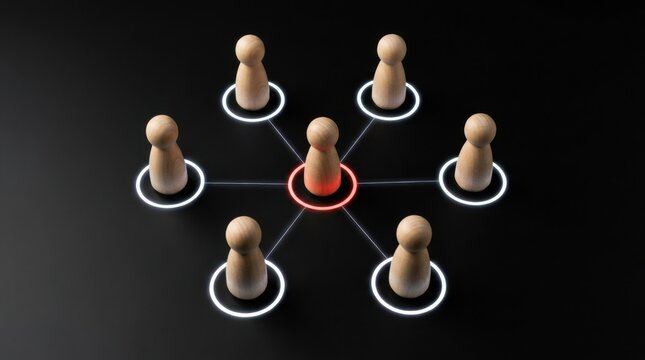 Centralized star network topology with a highlighted leader wooden peg doll surrounded by connected peers