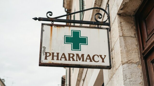 Vintage pharmacy sign with green cross on a stone building facade