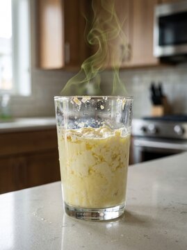 Spoiled milk in a glass with visible unpleasant green odor, showing curdled dairy, food spoilage, bad smell, contamination and kitchen hygiene problems