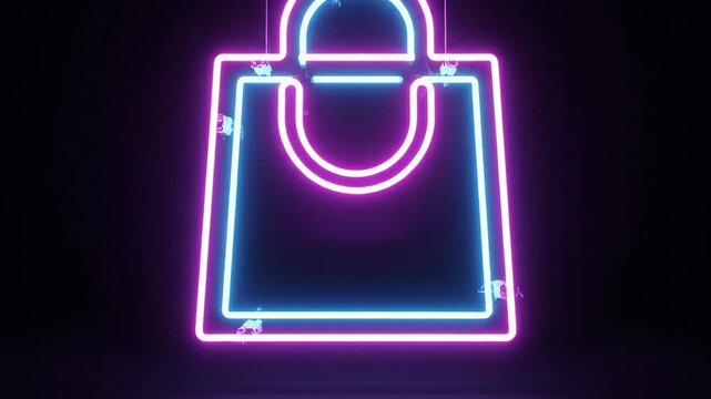 Neon shopping bag icon glowing in blue and pink light on a dark background, retail and commerce