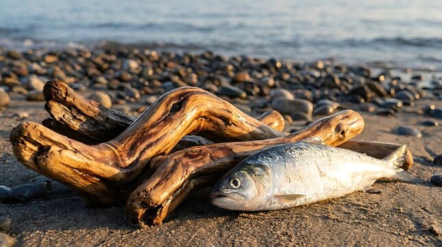 Fresh raw fish and driftwood on pebble shore.