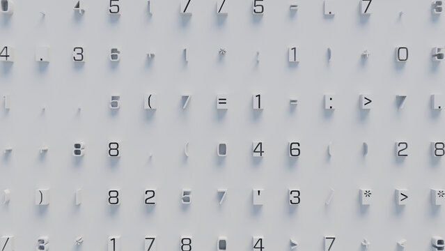 Three-Dimensional White Geometric Characters Arranged in a Grid on Light Gray Background for Software Development, Data Visualization, and Digital Design Applications