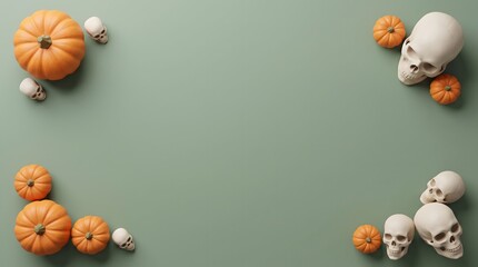 Fototapeta premium Halloween background with pumpkins and skulls on green