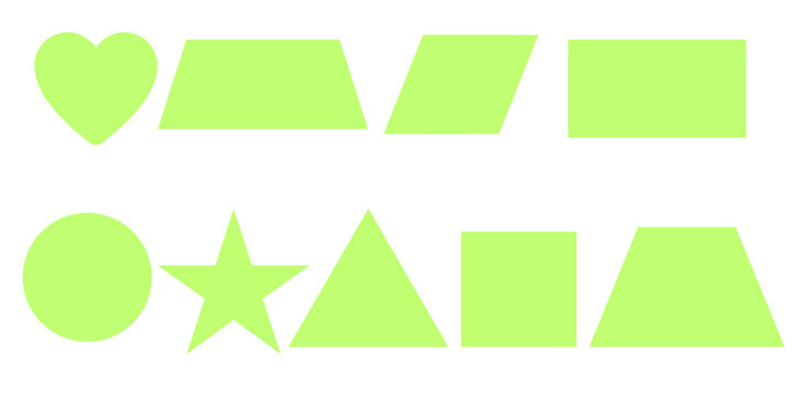 Set of basic geometric shapes including heart star circle triangle square rectangle in light green color isolated on white background for education
