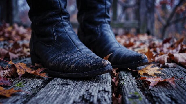 Close-up of leather boots standing on weathered wooden deck covered with autumn leaves, fall season atmosphere, travel and adventure lifestyle