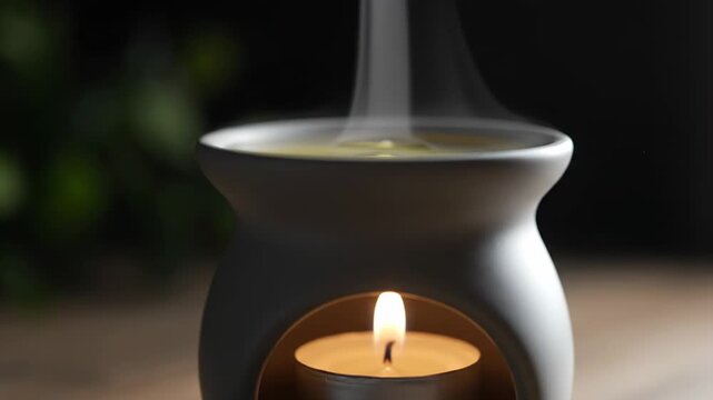 Aroma oil burner with burning tea light candle releasing fragrant smoke, relaxing spa and wellness atmosphere