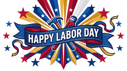 Fototapeta premium Happy Labor Day badge with hammer and wrench illustrated graphic design
