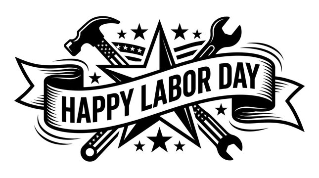 Happy labor day vintage badge featuring crossed construction tools and stars