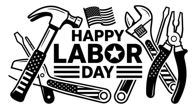 Happy labor day typography design with monochrome construction hand tools illustration