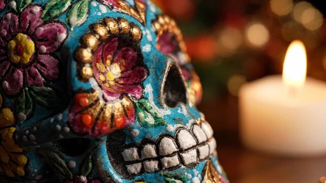 Dia de los muertos painted sugar skull closeup with glowing candle in warm bokeh background