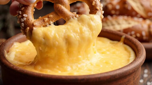 Woman dipping salted pretzel into warm melted cheese dip, delicious snack indulgence, rustic food photography
