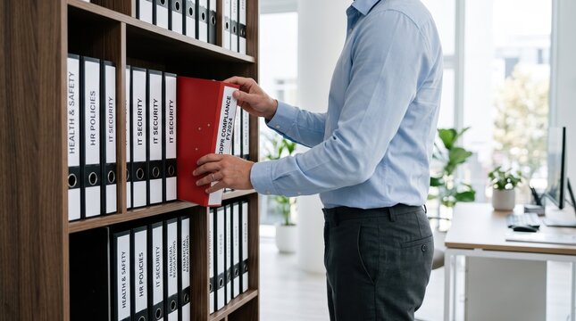 Business man in light blue shirt organizing red folder labeled GDPR Compliance on wooden bookshelf filled with black ring binders, office archive storage, data protection