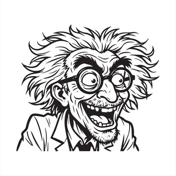 Black and white line art illustration of a crazy scientist with messy hair and round glasses