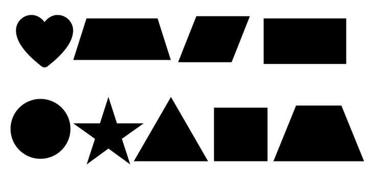Geometric shapes set featuring black silhouettes of heart, trapezoid, parallelogram, rectangle, circle, star, triangle, and square for design