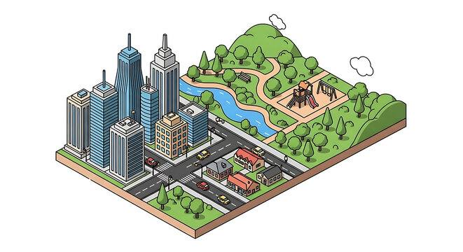 Isometric view of a modern city landscape with skyscrapers and a public park area