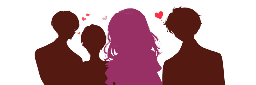 3人の男性に好意を持たれる女性　シルエット