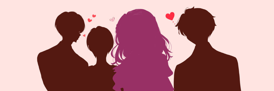 3人の男性に好意を持たれる女性　シルエット