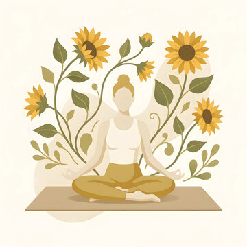 Serene woman sitting in lotus meditation pose on yoga mat surrounded by sunflower botanical border for wellness pod design