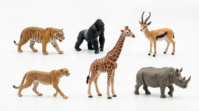 Collection of Wild Animal Figurines Including Tiger, Giraffe, Gorilla, Rhino, Cheetah, and Gazelle on White Background