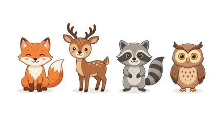 Naklejka premium Cute Woodland Animals Vector Illustration Set Featuring Fox, Deer, Raccoon, and Owl in Kawaii Cartoon Style