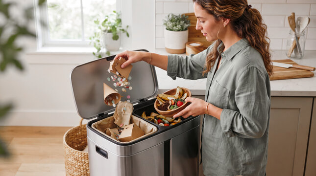 Woman sorting food waste and recycling in kitchen