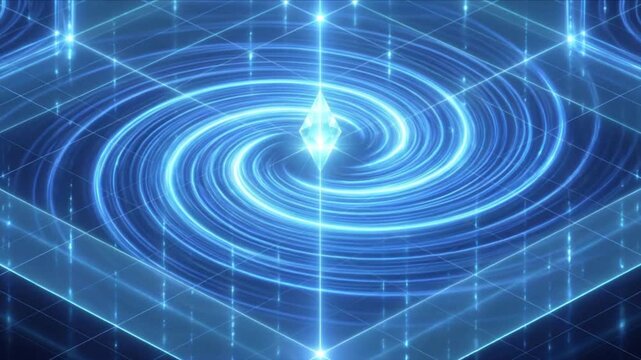 青く発光する同心円状の渦格子が中央コアへ集束する量子超流動の背景映像