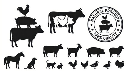 Fototapeta premium Collection of Farm Animal Silhouettes and Natural Product Quality Seal for Organic Food Branding and Agriculture Design