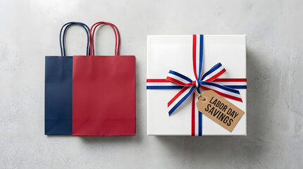 Fototapeta premium Shopping bags and gift box with Labor Day savings tag flat lay