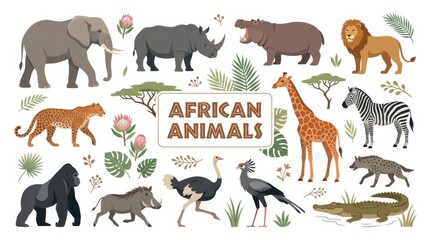 Fototapeta premium African Wildlife Vector Illustration Set with Elephant Lion Giraffe Zebra and Exotic Savanna Animals