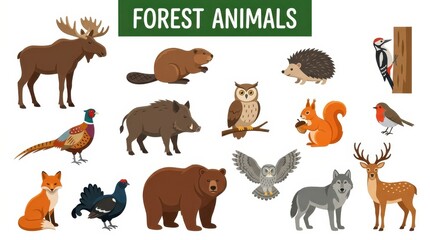 Fototapeta premium Forest Animals Vector Illustration Set Featuring Bear Deer Wolf Fox Owl and Other Woodland Wildlife for Educational Use