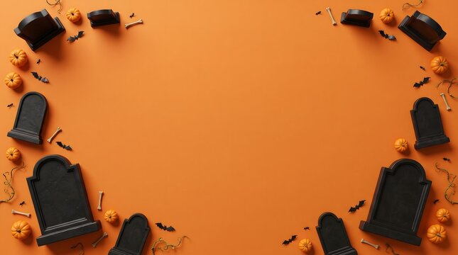 Halloween background with tombstones and pumpkins