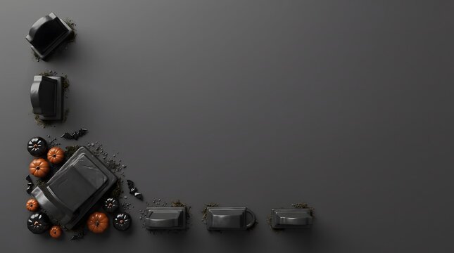 Spooky Halloween background with black trash bags and pumpkins