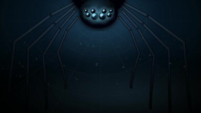 Animated ice spider on dark blue background with cobweb 4K motion graphic loop. Cold ice widow spider animated on navy background