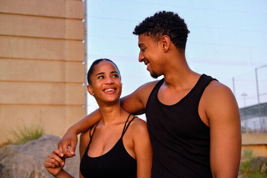 Happy young couple smiling enjoying lifestyle moment in barcelona
