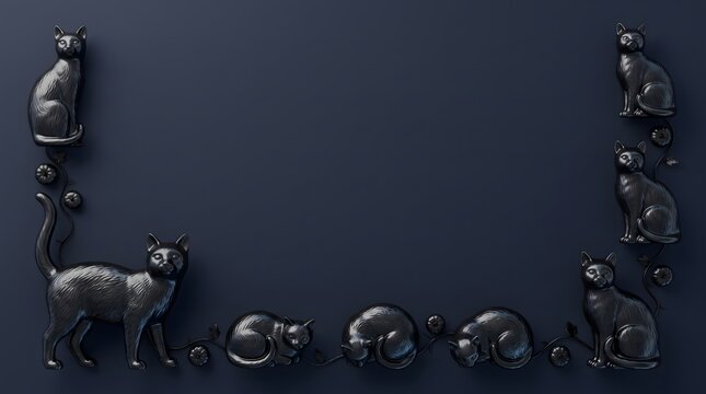 black cats border on dark blue background for Halloween